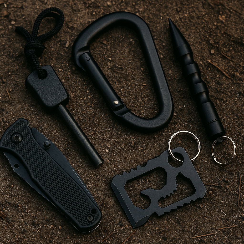 Accesorios EDC para camping: encendedores, mosquetón, navaja y más.