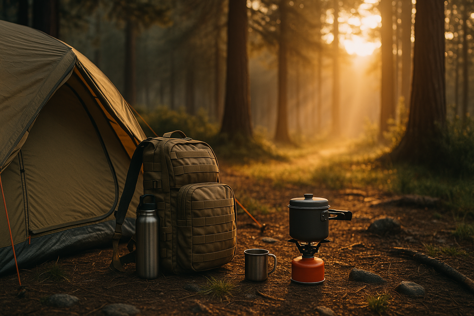 Equipo de camping: carpa, mochila táctica, hornillo y taza en bosque al amanecer.