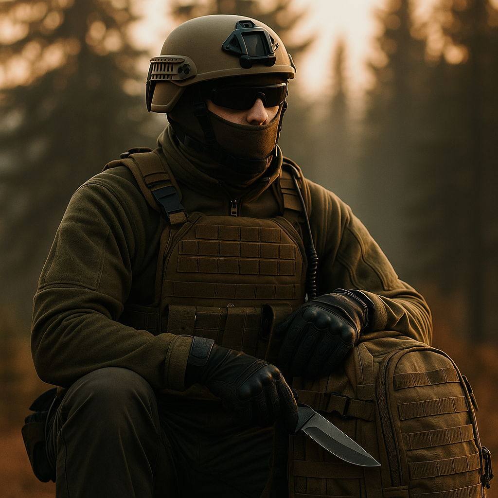 Ropa táctica y EDC: chaleco, casco militar, guantes, mochila MOLLE en exterior. y más.