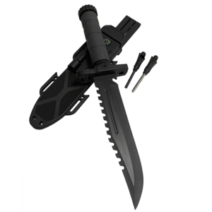 Cuchillo táctico de supervivencia con hoja dentada, pedernal y afilador, incluye funda rígida.